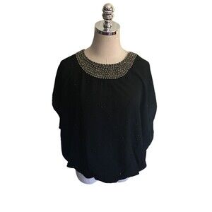 BCBG Maxazria Top Women's Size XS Black Beaded Neckline Short Sleeves